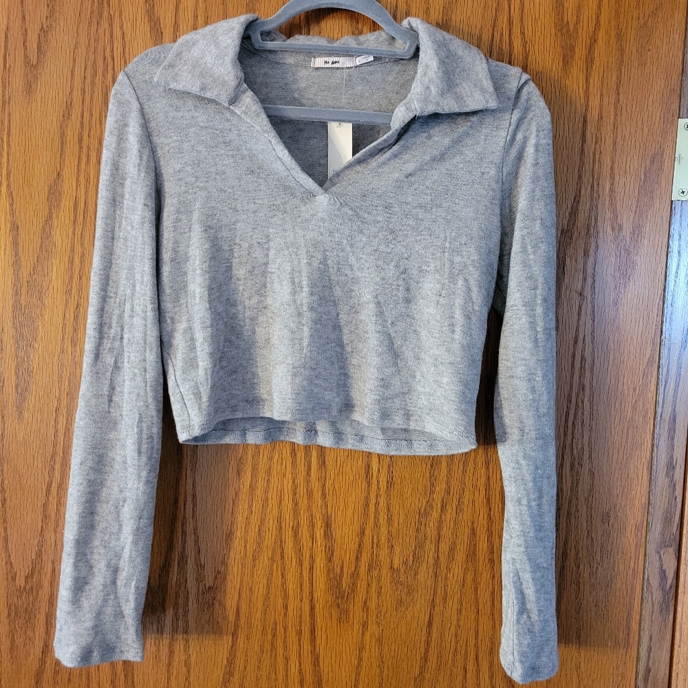 NWT Gray Cropped Polo Long Sleeve Shirt, Size L